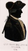 A silhouette portrait of 'Captain John Paul Jones, America, 1781', father of the American Navy,