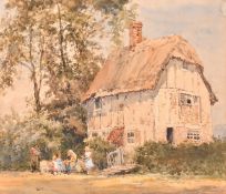 John Absolon (1815-1895), figures outside a country cottage, watercolour, 9.25