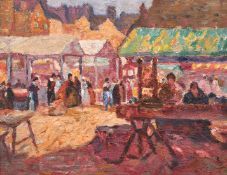 Attributed to Leonard Richmond (1889-1965), figures at Boulogne market, France, oil on board, 8.5