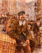 20th Century, a study of an elderly Jewish gentleman on a busy street, possibly in Poland, oil on