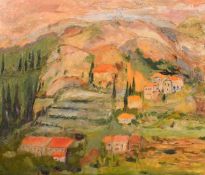 Manner of Paul Cezanne, red roofed houses on a terraced hillside, oil on board, 14.75