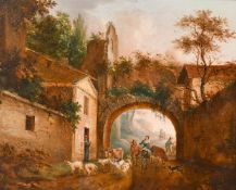 19th Century Continental School, figures herding livestock through an archway, oil on panel, 7.5