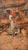 Early 20th Century Continental School, a cherry seller in a marketplace, oil on panel, 14