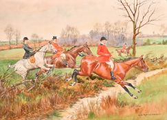 George Derville Rowlandson (1861-1928), a pair of hunting scenes with horses jumping, watercolour,