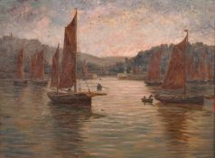 Late 19th Century English School, fishing boats in a bay at dusk, possibly a Cornish view, oil on