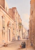 Attributed to Giovanni Schranz, 'Strada Mezzodi', (Valletta), a busy street scene, watercolour, 9.