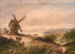 19th Century English School, figures on a country path with livestock and a windmill nearby,