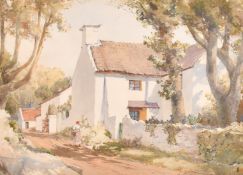 Circle of Harold Septimus Power, a lady outside a whitewashed farmhouse, watercolour, signed with