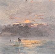 Impressionist School, small boats on a calm sea at sunset, oil on card, 4.75