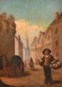 Late 19th Century French School, figure carrying earthenware flasks in a busy street, oil on