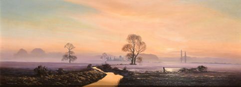 English School, Circa 1974, a winter landscape view at dusk, oil on canvas, inscribed '