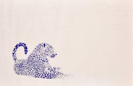 Contemporary School, scene of a resting Leopard near buildings and a crossroad, ink and pencil,