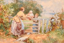 Manner of Birket Foster, mother and children by a stile, watercolour, indistinctly signed, 4.5