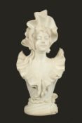 Continental School, Circa 1900, a carved marble bust of an elegant female in a hat, 22.5