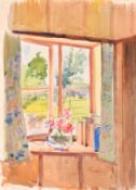 William Crosbie (1915-1999), a still life of flowers in a glass vase by an open window, watercolour,