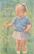 Circle of Dianne Flynn, Study of a young girl picking wildflowers, oil on board, unframed, 6