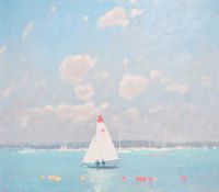 Stephen Brown (b. 1947), 'The Wayfarer', view of a sailboat between a line of buoys in a bay, oil on