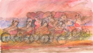Carlos Monzani (b. 1929) Argentina, 'Cycling Club', ink and watercolour on paper, 17