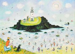 Joan Gilchrest (1918-2008), 'Godrevy Lighthouse', oil on board, signed with initials, 5.5