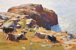 Paul Hedley (b. 1947), 'Clifftop', cattle resting in a landscape, oil on board, signed, inscribed