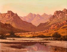 Tinus de Jong (1885-1942) South Africa, setting sun over a river with mountains beyond, oil on