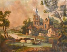 19th Century Continental School, figures by a church on a river, oil on canvas, 25