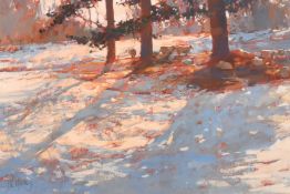 Paul Hedley (b. 1947), 'The Shelter of the Pines', sheep in a landscape, oil on board, signed,