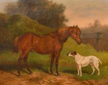 Arthur Batt (1846-1911), a horse and dog in a lakeside landscape, oil on canvas, signed and dated