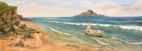 Early 20th Century probably English School, male bathers nude on the beach, oil on canvas, 24
