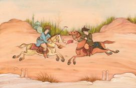 20th Century Indian School, a scene of polo player, watercolour on ivorine, 4.5
