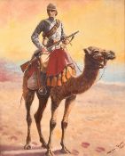 Harry Payne (1858-1927), a military officer with a rifle on a camel, oil on canvas, signed, 12