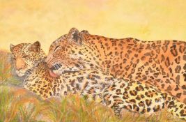 20th Century Continental School, a study if a leopard and her cub, watercolour, indistinctly signed,