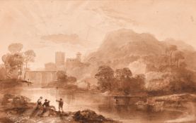 Circle of J M W Turner, monastery on a mountain top, sepia watercolour, and another by the same hand