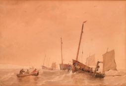 Thomas Sewell Robins (1810-1880), figures in boats off a headland, watercolour, signed and dated