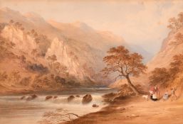 Charles Frederick Buckley (1812-1869), figures gathered by a river in a valley, watercolour, signed,