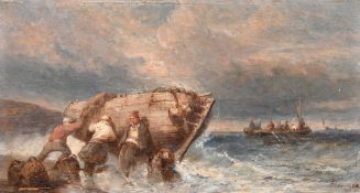 19th Century English School, a pair of oil on oak panel scenes of figures in rowing boats, each