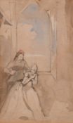 Alfred Elmore (1815-1881), figures by an arched window, watercolour and pencil, 8.25