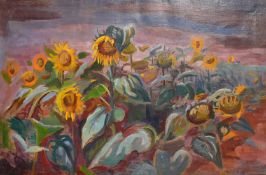 Phyllis Bray (1911-1991), a field of sunflowers under changing skies, oil on canvas, signed, 24