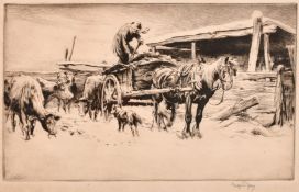 George Soper (1870-1942), farmer on a cart in a farmyard, etching, signed in pencil, plate size 7.