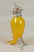 AN AMBER GLASS AND PLATE NOVELTY COCKATOO CLARET JUG. 26cms high.