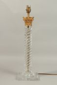 A GOOD SPIRAL GLASS CORINTHIAN COLUMN LAMP on a square base. 44cms high.