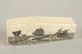 A BONE ETCHED COFFIN AND SKELETON. 11.5cms long.