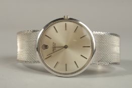A GOOD 18CT WHITE GOLD ROLEX WRISTWATCH with bracelet, slim-line, automatic. Hallmark 1966. Gross