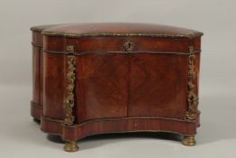 A 19TH CENTURY INLAID DRINKS-LIQUEUR BOX with folding top and doors enclosing four decanters and