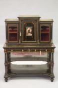 A SUPERB 19TH CENTURY AMBOYNA DESK, the top with glass doors and central drawer with porcelain panel