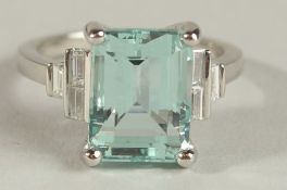 A PLATINUM 5.5CT OCTAGONAL AQUAMARINE AND DIAMOND RING.