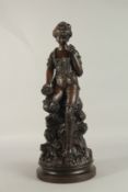 GUSTAVE REY A VERY GOOD BRONZE OF A SPANISH GIRL resting on a rock and holding a shell. Signed, on a