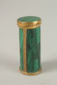 A GOOD SMALL MALACHITE DRUM AND COVER. 6cms long x 2.5cms diameter.