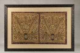 AN 18TH CENTURY FRAMED AND GLAZED FLOWERING EMBROIDERY in two sections. 37cms x 63cms.