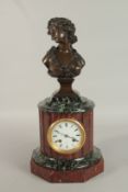 A GOOD 19TH CENTURY FRENCH BRONZE AND MARBLE CLOCK, the movement by RODIER, PARIS, surmounted by a